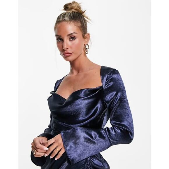 ASOS DESIGN Cowl Neck Mini Dress With Drape Skirt Blue Satin Size 14. NEW - Picture 4 of 15